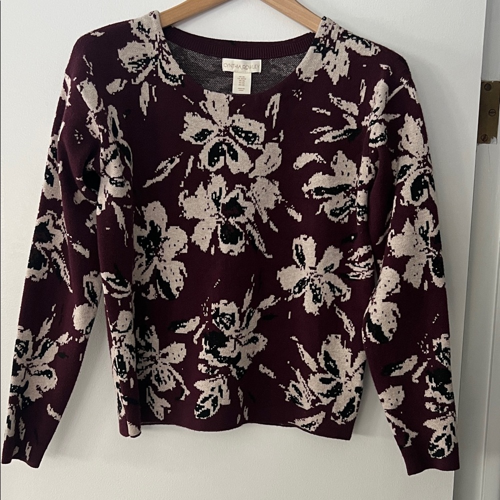Cynthia Rowley Burgundy and Cream Floral Crew Neck Sweater